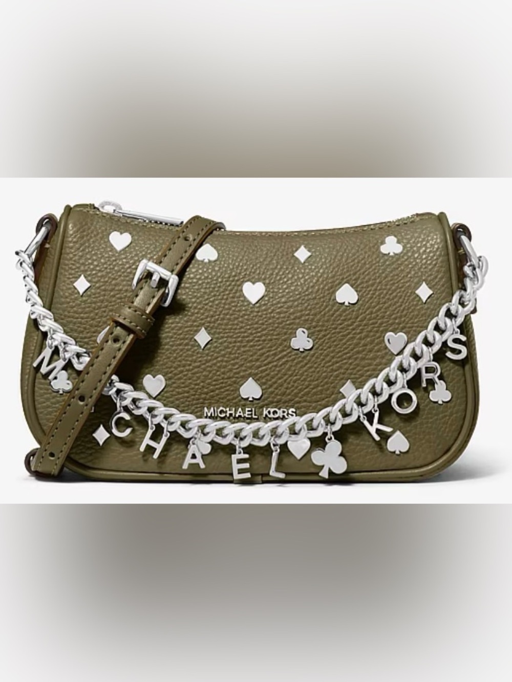 MICHAEL KORS Olive Leather Crossbody with Silver Charm Chain